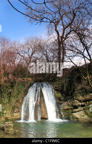 Cancella pool di calcare e cascata di Janets Foss Malhamdale nel Yorkshire Dales appena al di sotto del Gordale Scar Foto Stock