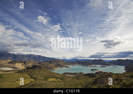 Il Cile, il tramonto sul lago di Lago General Carrera, Patagonia Foto Stock