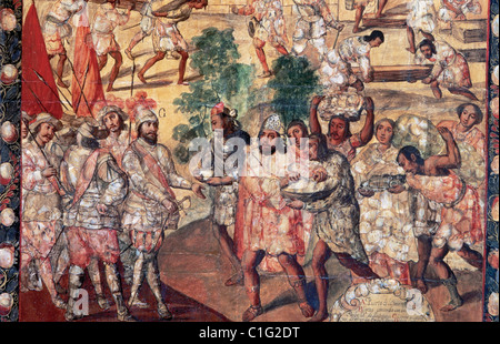 Conquista del Messico (1519). Hernan Cortes entrando Cempoal e ricezione di chief Gordo Quauhtlaebana. Foto Stock