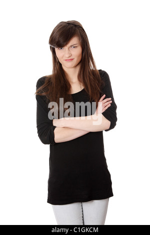 Una donna frustrata. Isolato su bianco Foto Stock