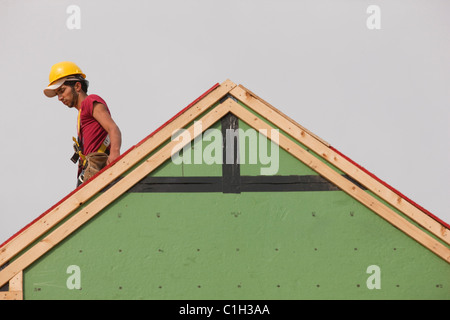 Falegname ispanica lavora sul tetto di una casa in costruzione Foto Stock