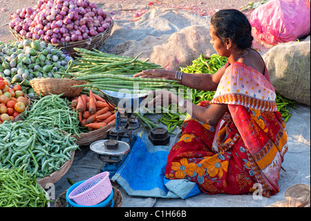 Donna indiana trading in una strada mercato ortofrutticolo in Puttaparthi, Andhra Pradesh, India Foto Stock