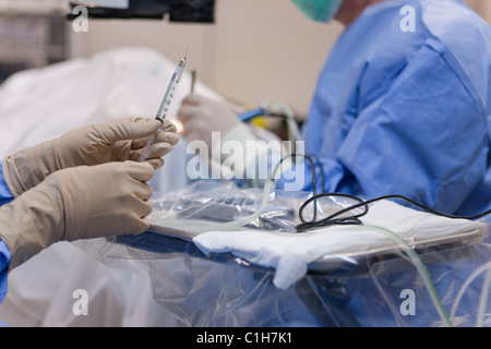 Tecnologo chirurgico passando sterile per irrigazione intraoculare siringa di soluzione al medico Foto Stock