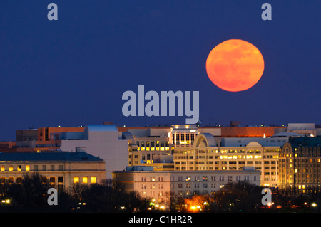 Supermoon Washington DC Skyline Stati Uniti // ARLINGTON, Stati Uniti — Una Supermoon sorge drammaticamente a est sopra lo skyline di Washington DC, fotografata dalle vicinanze del Marine Corps War Memorial (Iwo Jima Memorial) ad Arlington, Virginia. Questo fenomeno astronomico si verifica quando una luna piena coincide con l'avvicinamento più vicino della luna alla Terra nella sua orbita ellittica (perigee), rendendola significativamente più grande e luminosa di una luna piena media. Il punto panoramico sopraelevato di Arlington offre una vista mozzafiato della capitale della nazione, compresi i suoi monumenti iconici e la sua Foto Stock