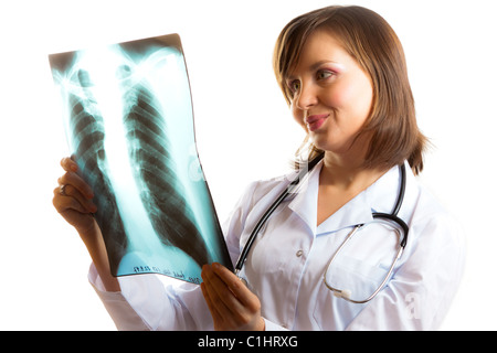 Medico donna analizza i polmoni xray image Foto Stock