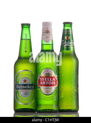 Bottiglie di birra,tre, Foto Stock