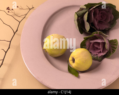Mela cotogna e fioritura Kale Foto Stock