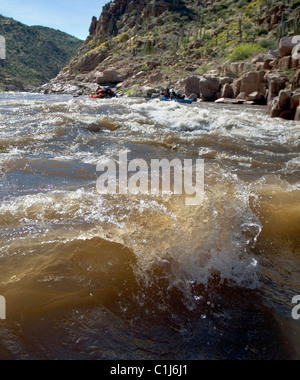 2 accoppia il rafting sul fiume di sale in Arizona, Stati Uniti d'America su gommoni pontone. Foto Stock