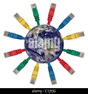 Messa a terra dell emisfero occidentale con variopinte rete cavi di connessione puntando in ogni direzione Foto Stock