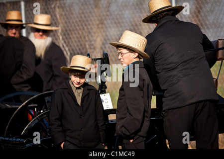 Ragazzi Amish guarda un cavallo buggy asta al fango annuale in vendita in Gordonville, PA Foto Stock