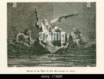Vecchia litografia di sepoltura di Hernando DeSoto, l'esploratore spagnolo Foto Stock