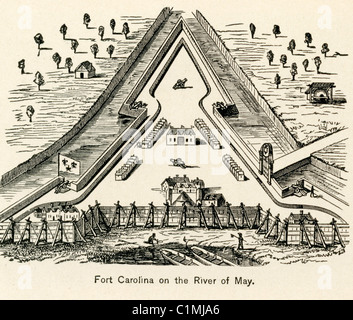 Vecchia litografia di Fort Caroline, colonia francese negli attuali Stati Uniti, stabilite in che cosa ora è Jacksonville Foto Stock