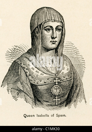 Vecchia litografia della Regina Isabella I di Spagna Foto Stock