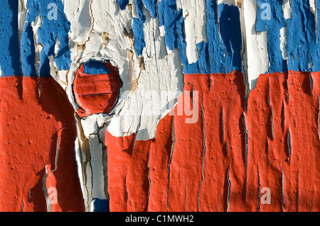 Fiocchi di forma delle scaglie di vernice sulla vecchia porta di legno Foto Stock