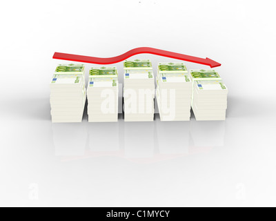 Eur grafico con freccia rossa su sfondo bianco Foto Stock