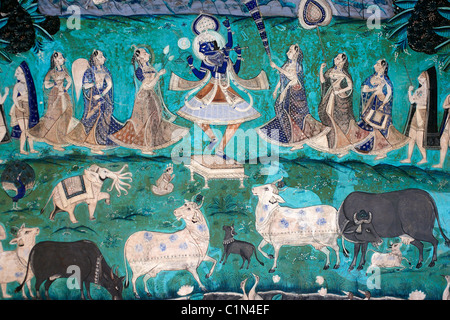 India Rajasthan, Bundi, Bundi Palace (Garh Palace), Chitra Sala, chiamato anche Umed Mahal, costruito nel XVIII secolo, murale Foto Stock