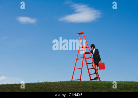 Imprenditrice con valigetta rossa a salire la scala rossa nel campo di erba Foto Stock