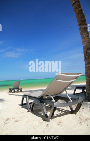 Chaise longue sulla spiaggia tropicale Foto Stock