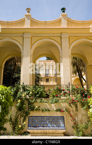 Grand & impressionante giardino coperto marciapiede / percorso in motivi / giardini del Real Alcazar De Sevilla / Seville. Siviglia, Spagna. Foto Stock