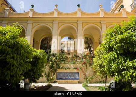 Grand & impressionante giardino coperto marciapiede / percorso in motivi / giardini del Real Alcazar De Sevilla / Seville. Siviglia, Spagna. Foto Stock