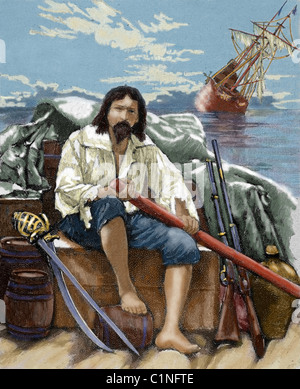 Defoe, Daniel (1660-1731). Romanziere inglese. Robinson Crusoe il salvataggio della barca tutto ciò che potrebbe essere prima del suo naufragio. Foto Stock