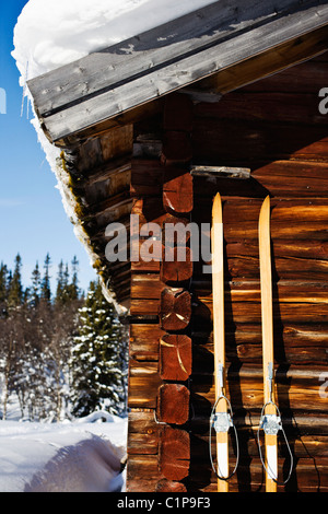Cieli in legno appoggiata contro log cabin in inverno Foto Stock