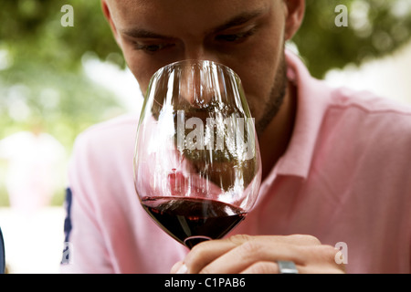 L'uomo la degustazione di vino Foto Stock