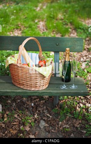 Cesto per pic-nic con champagne su una panchina nel parco Foto Stock