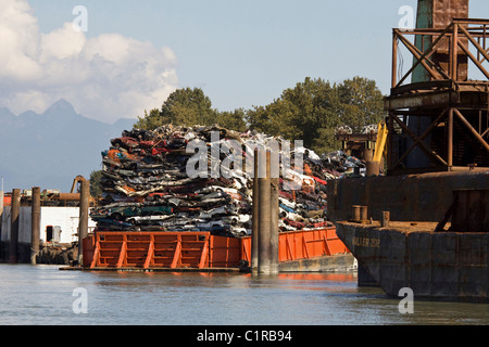 Barge riempito con vetture frantumato, per il riciclo, lungo il fiume Fraser nel Surrey, BC Foto Stock