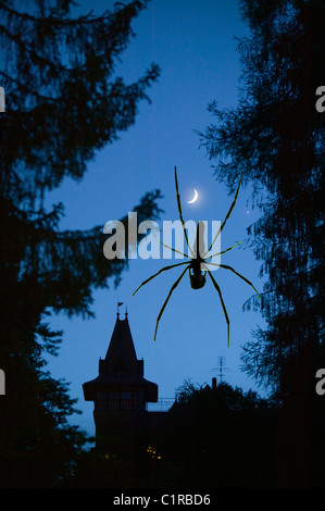 Una falce di luna su un hotel a Flims Svizzera con un ragno di grandi dimensioni. Foto Stock