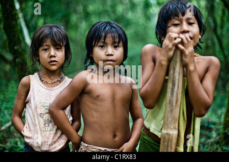 Mbya Guarani di residenti di aldea Katupyry vicino a San Ignacio, Misiones, Argentina, con i tradizionali fatti a mano gli strumenti. Foto Stock