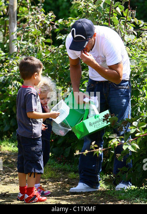 Peter Andre prende i suoi figli Junior e la Principessa di Roundstone pick-vostro-fattoria a Worthing, dove hanno trascorso la mattina Foto Stock