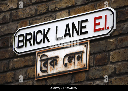 Il cartello stradale di Brick Lane a Londra, Inghilterra. Foto Stock