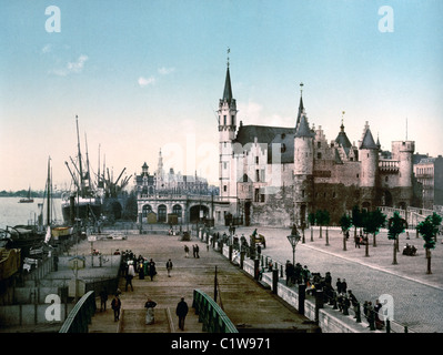 Il Steen e il porto di Anversa, Belgio, circa 1900 Foto Stock