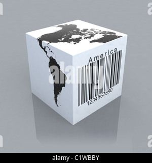 Cubo con america map e il codice a barre 3D illustrazione Foto Stock