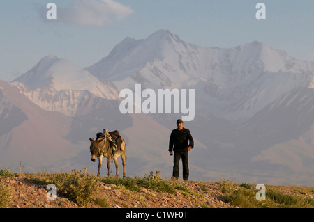 In Kirghizistan, Provincia di SSL, l'uomo con donkey, montagne di Sary Tash in background Foto Stock