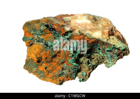 La Malachite su limonite, da Hartley Birket miniera, Kirby Stephen, Cumbria, Regno Unito. Il carbonato di rame Idrossido - un minerale di rame Foto Stock