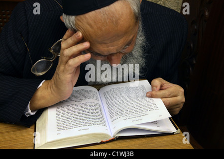 Un ebreo religioso legge il libro di preghiera di Siddur Ebraico in Israele Foto Stock