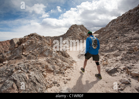 Runner trekking lungo la White Mesa Bike Area - Ojito deserto - New Mexico. Foto Stock