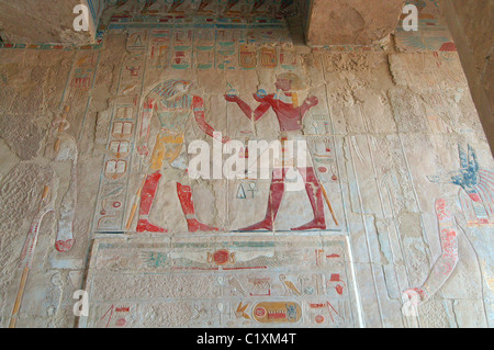 Affreschi sulle pareti del tempio, Tempio mortuario della Regina Hatshepsut, Tempio di Luxor complessa, sito Patrimonio Mondiale dell'UNESCO, Foto Stock