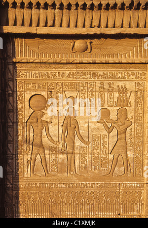 Di rilievo sul mammisi Romano (nascita casa) dedicato a Hathor e suo figlio Ihy, Dendera, Egitto Foto Stock
