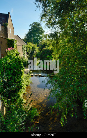 Pietre miliari sul fiume Brue visto dal XV secolo packhorse bridge nella città medievale di Bruton nel Somerset in Inghilterra. Foto Stock