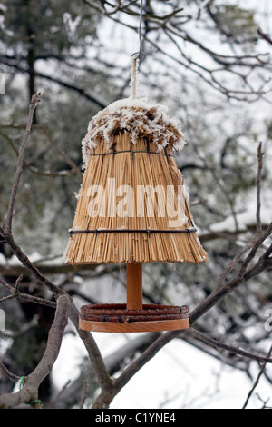 Semplice casa di uccello sull'albero nel periodo invernale. Foto Stock