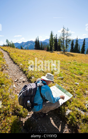 Un escursionista sulla Pacific Crest Trail nel controllo della sua mappa. Cascate di Washington, Stati Uniti d'America. Foto Stock