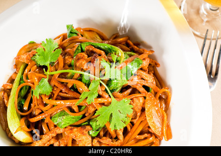 Classico Cinese fresco noodles fritti con carne di maiale e le verdure e il coriandolo sulla parte superiore Foto Stock