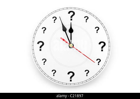 Punto interrogativo orologio, il concetto di tempo Foto Stock