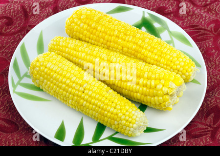 Tre luminoso giallo imburrato orecchie vegetale su un design di bambù la piastra sul posto rosso mat. A pochi recentemente mais bollito sui tutoli servita su un piatto rotondo Foto Stock