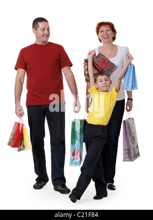 Famiglia per lo shopping isolati su sfondo bianco Foto Stock