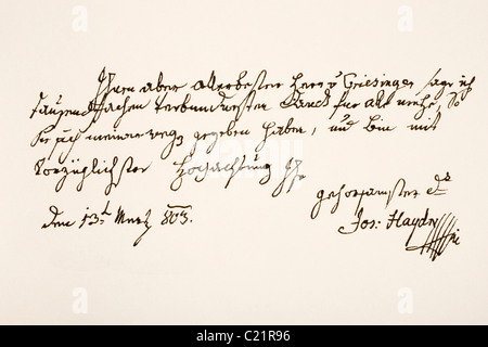 Franz Joseph Haydn, 1732 - 1809. Il compositore austriaco. La scrittura a mano campione. Foto Stock