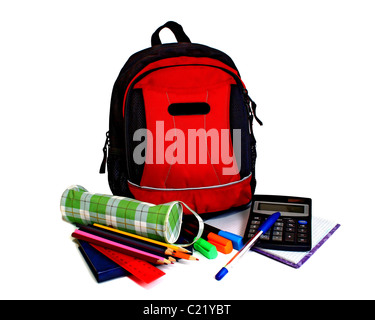 Zaino scuola isolati su sfondo bianco Foto Stock